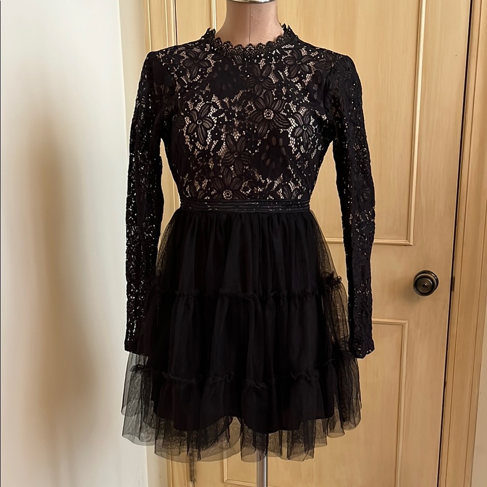 INA NWT Lace Ruffle Tulle Long SLV Hi Neck Black Cocktail Party Guest Dress SZ S - Picture 2 of 16